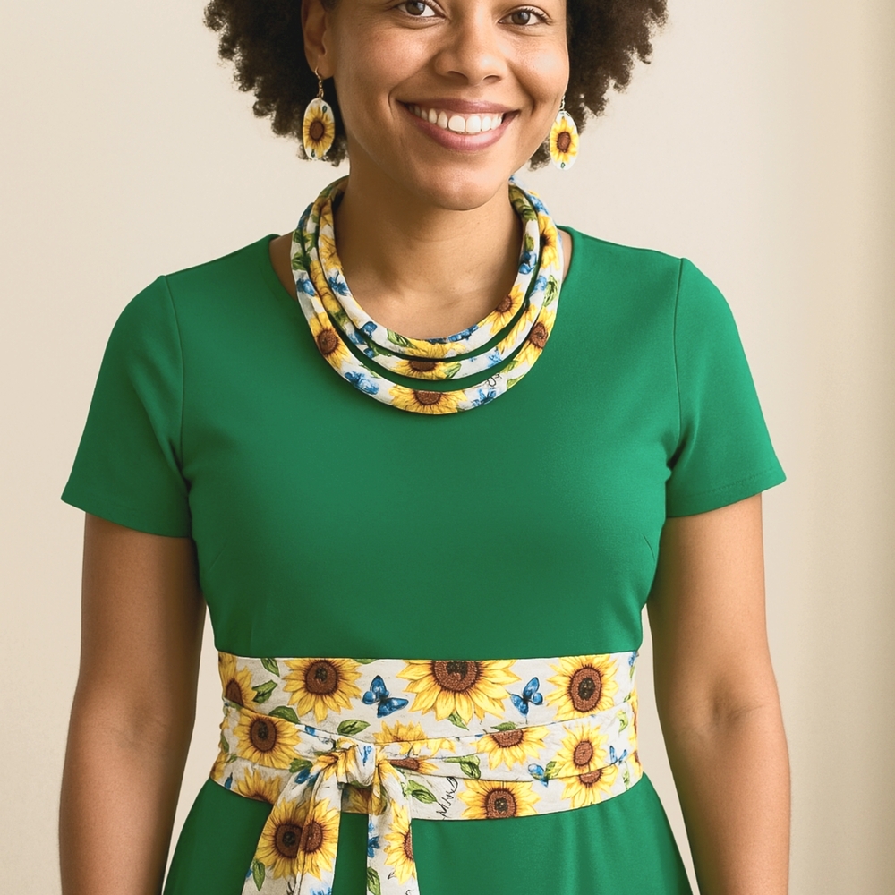 Reversible Sunflower Obi Belt – Handmade Wrap Belt with Yellow & Floral Cotton